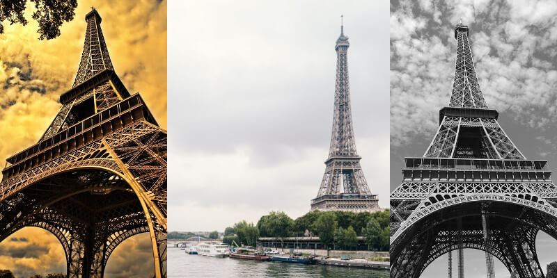 Tre bilder av Eiffeltornet från olika vinklar under olika tider på dygnet.