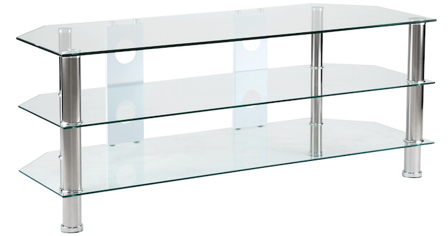 Lindfors, en TV-bänk med skivor i glas och en stomme i rostfritt stål.